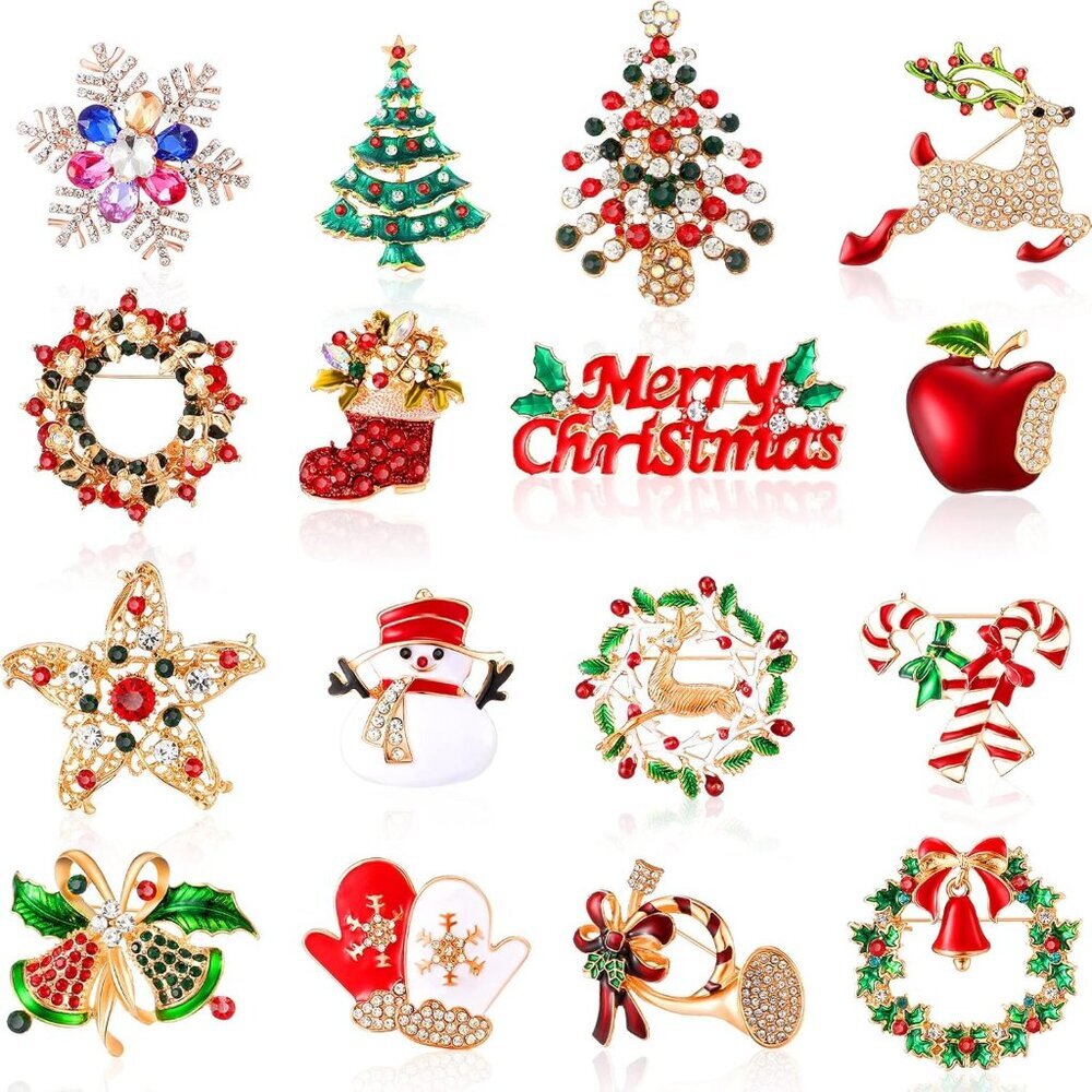 16 Pcs Brooches and Pins for Women Rhinestone Crystal Set Snowman Reindeer Bells